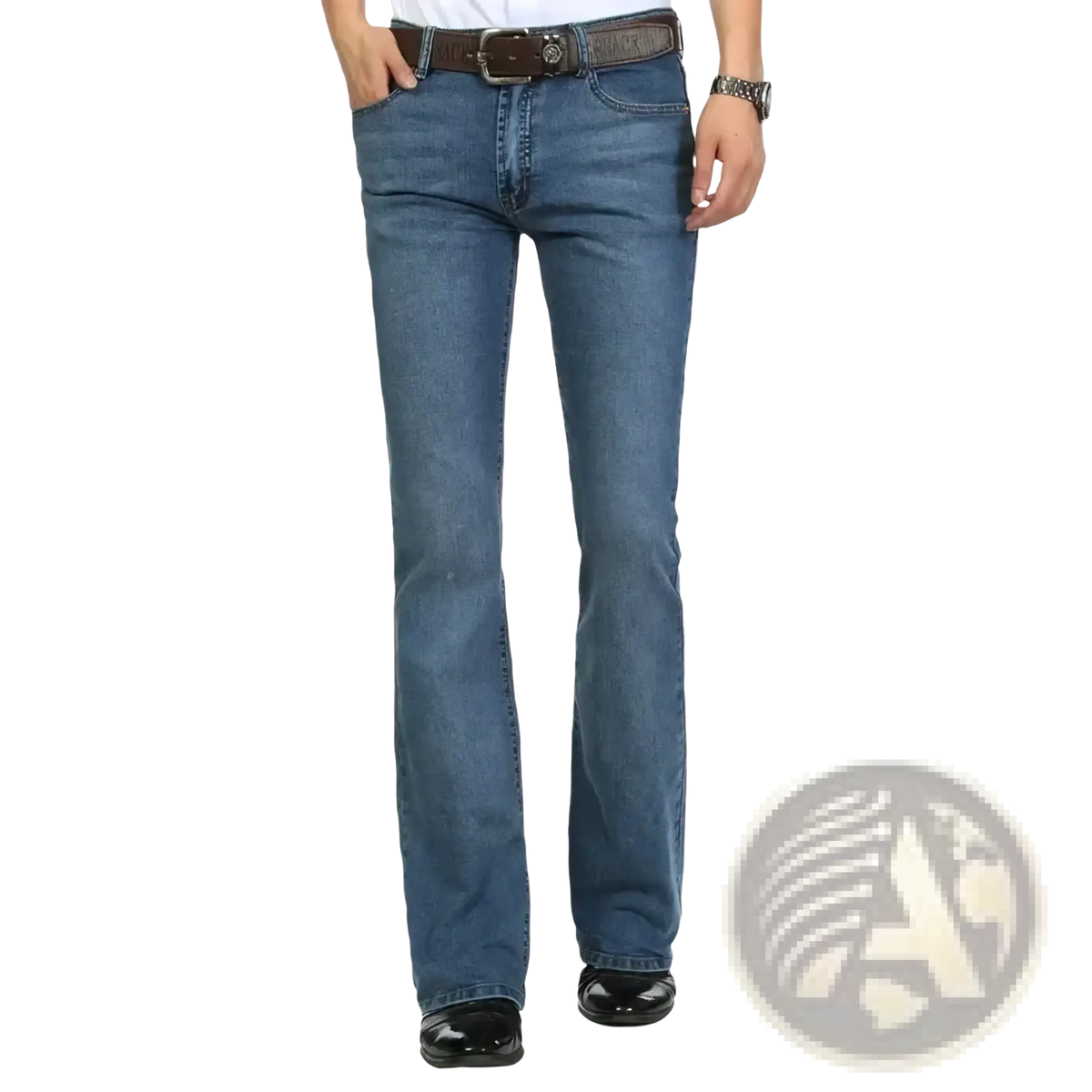 Blue denim jeans with classic straight-leg cut and subtle fading showcasing a men black flare denim jeans slim fit design