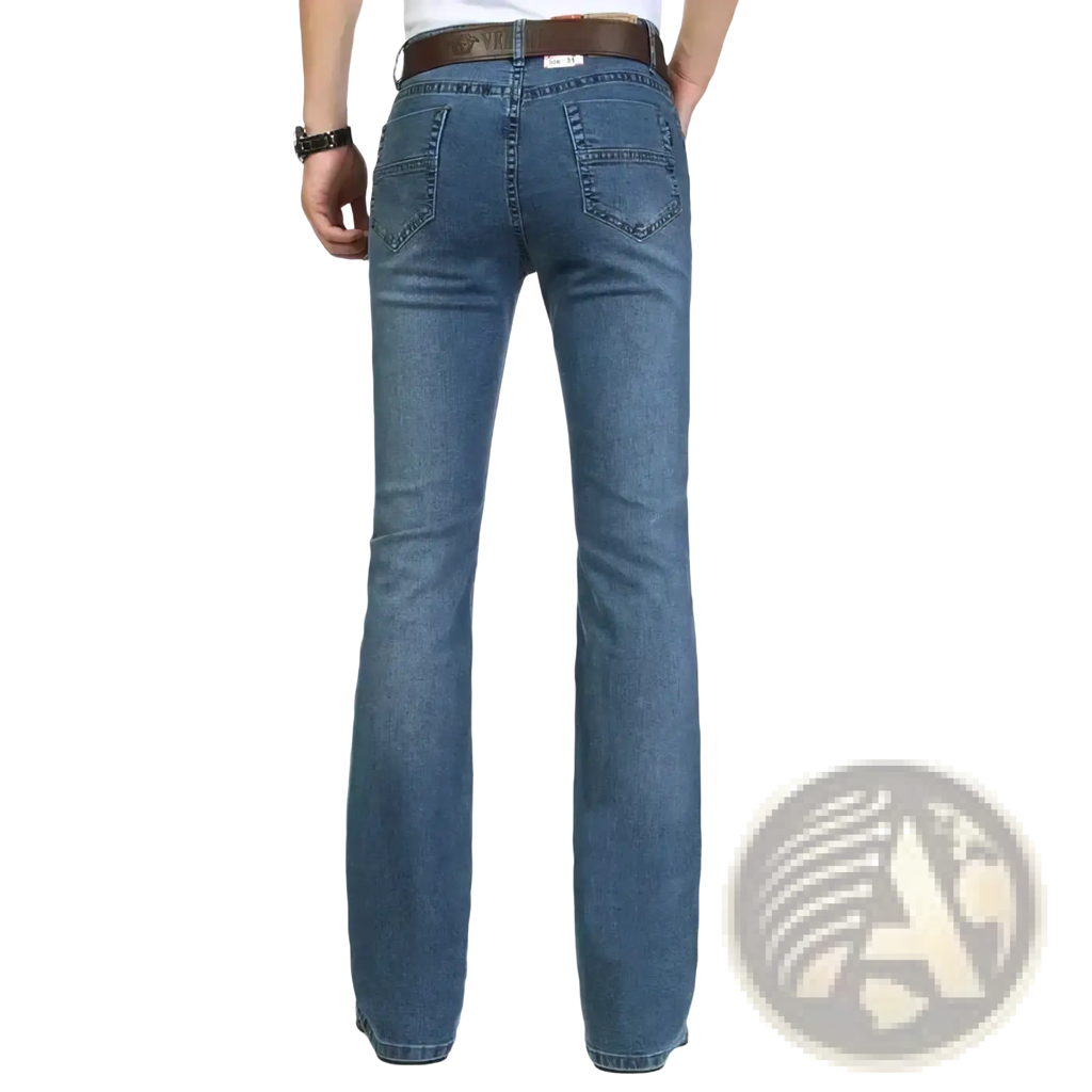 Men black flare denim jeans slim fit trousers paired with blue straight-leg denim jeans and a brown leather belt