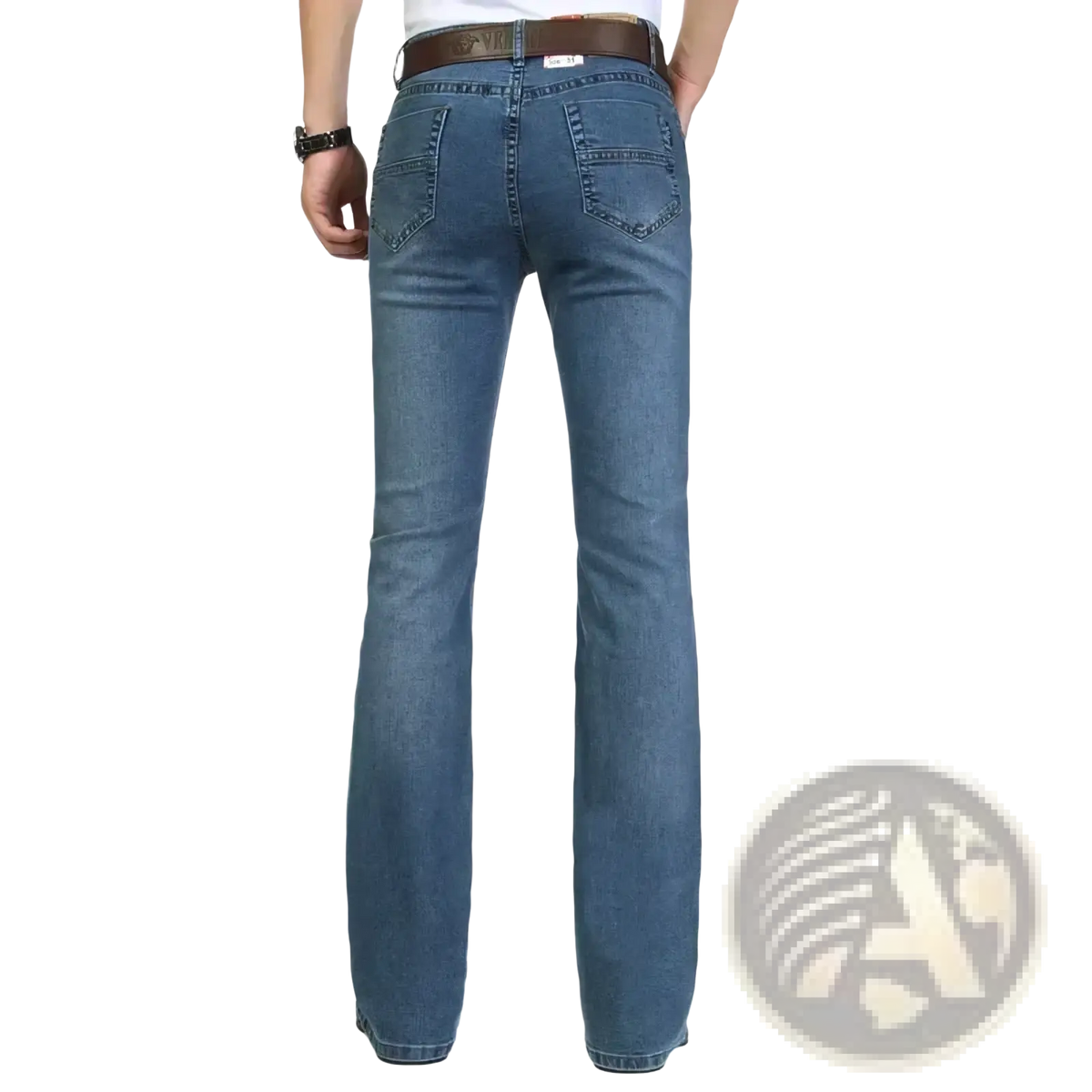 Men black flare denim jeans slim fit trousers paired with blue straight-leg denim jeans and a brown leather belt