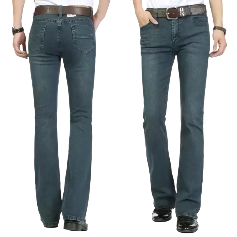 Men black flare denim jeans slim fit trousers in dark blue denim with a straight-leg cut and brown leather belt