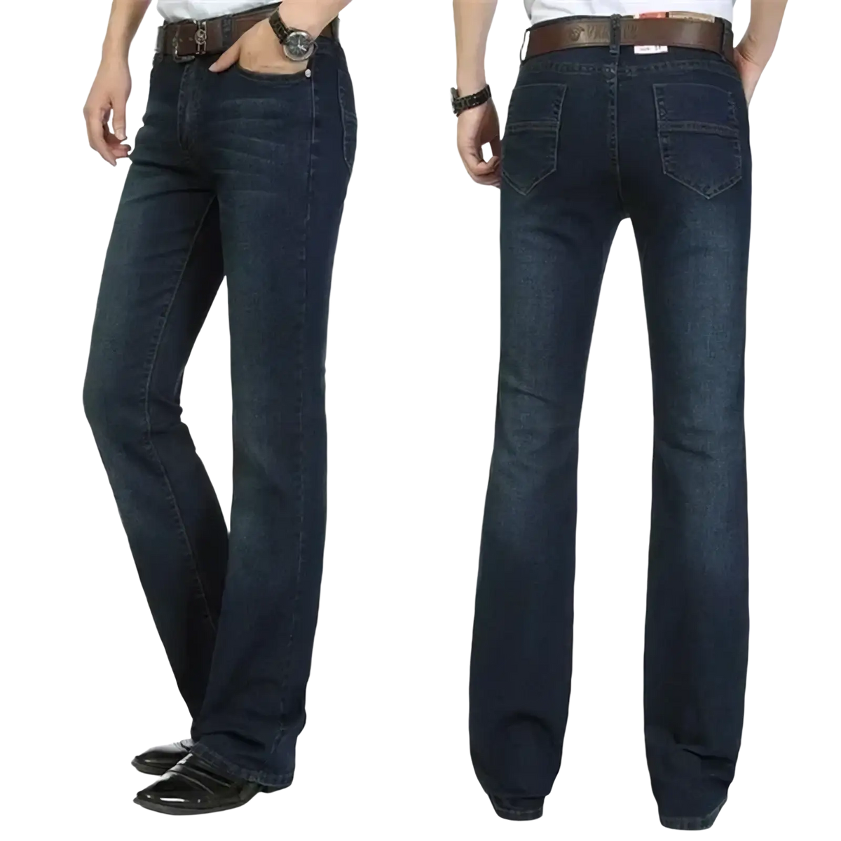 Men black flare denim jeans slim fit trousers shown in dark blue straight-leg denim with brown belt loops