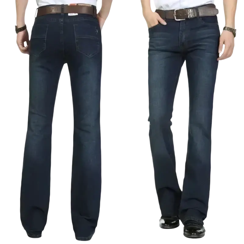 Men black flare denim jeans slim fit trousers in dark blue with classic straight-leg cut and belt loops