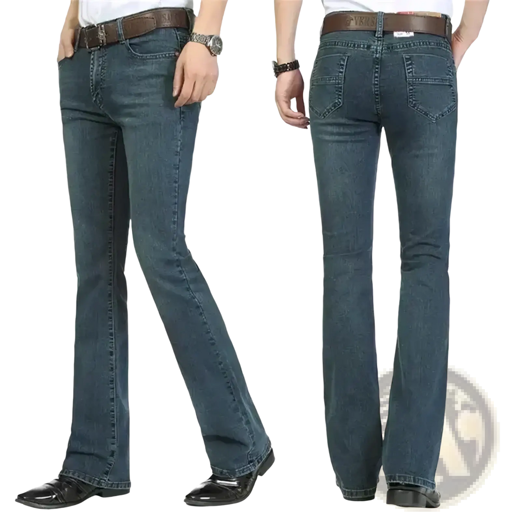 Men black flare denim jeans slim fit trousers in dark blue with classic five-pocket design and brown leather belt