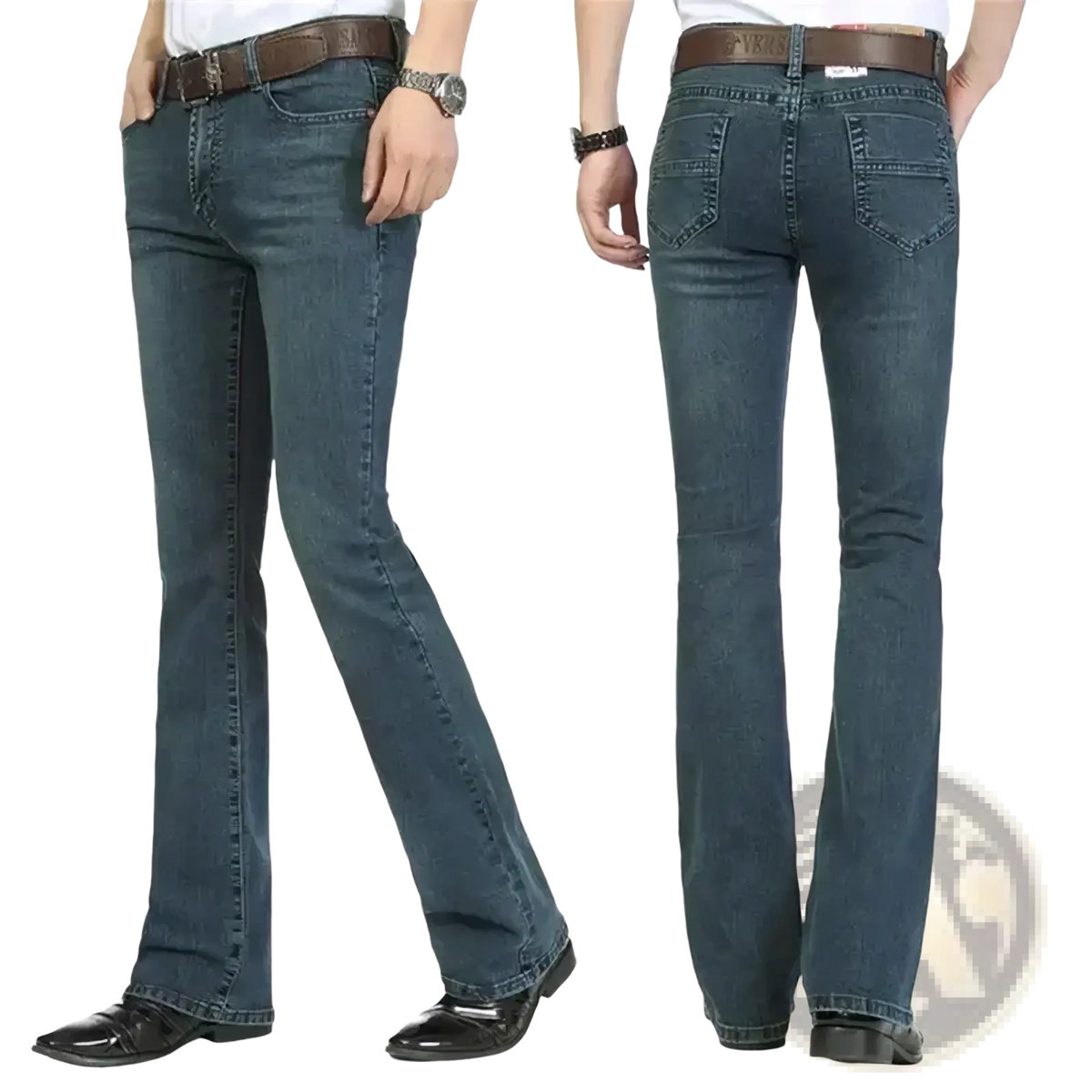 Men black flare denim jeans slim fit trousers in dark blue with classic five-pocket design and brown leather belt