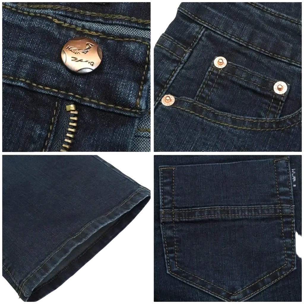 Men black flare denim jeans slim fit trousers in dark blue with gold toned metal buttons and stitching