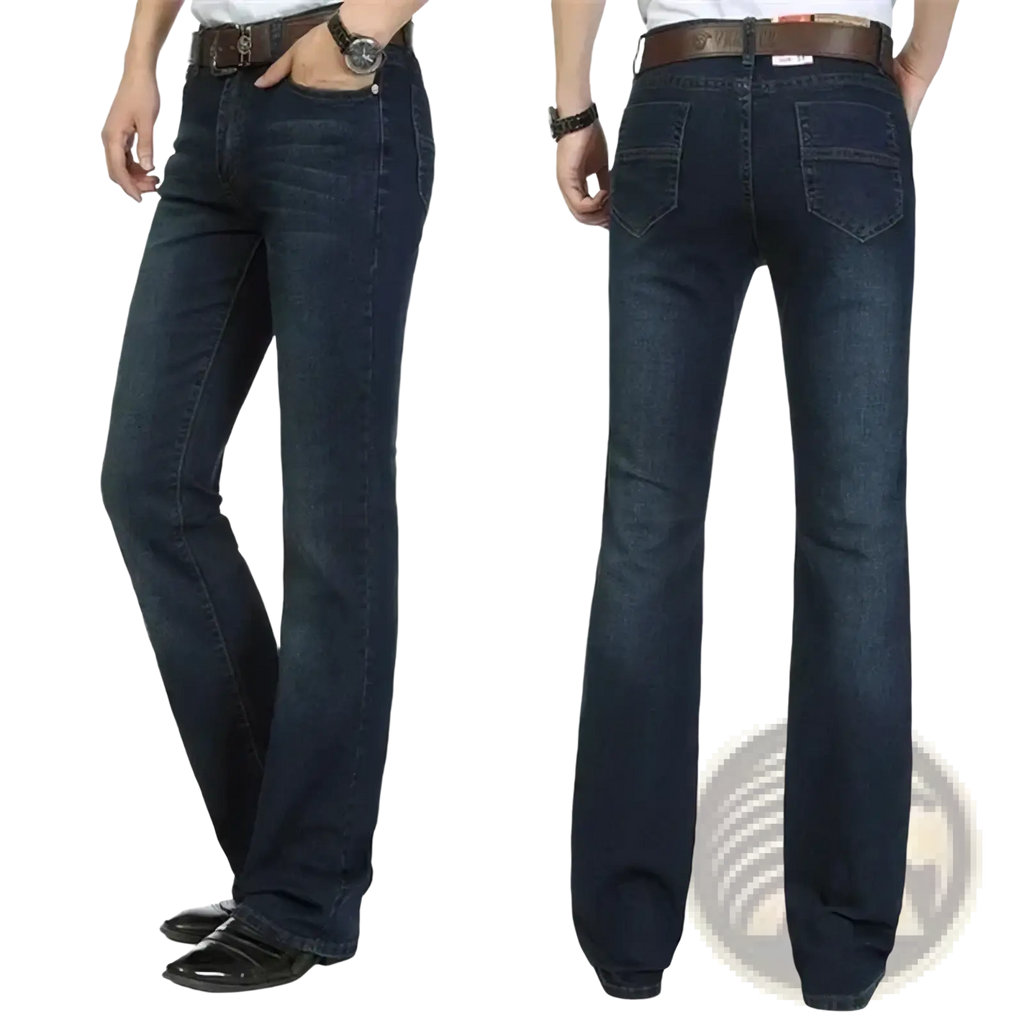 Men black flare denim jeans slim fit trousers shown in dark blue straight-leg denim with brown belt loops