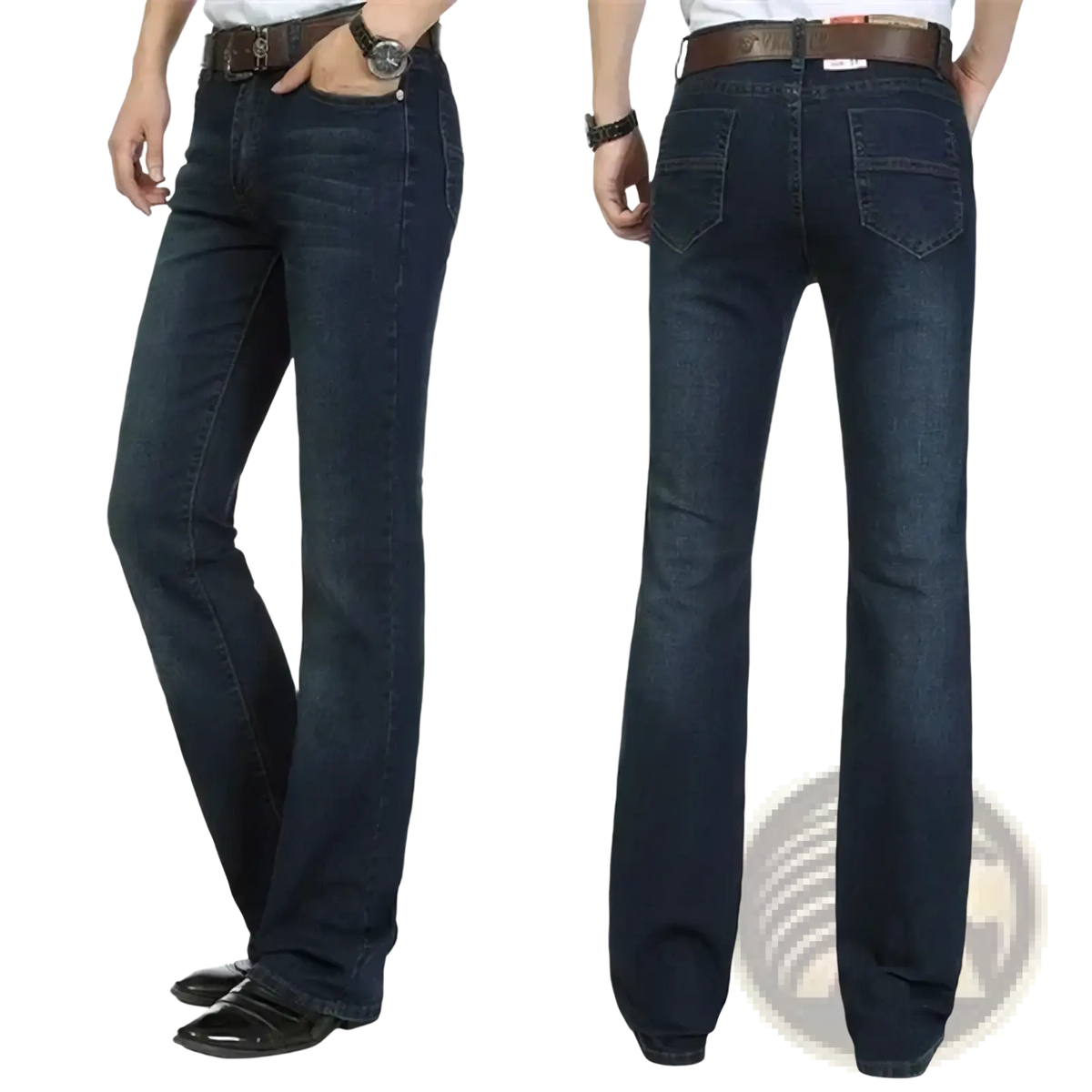Men black flare denim jeans slim fit trousers shown in dark blue straight-leg denim with brown belt loops