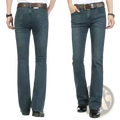 Men black flare denim jeans slim fit trousers in dark blue denim with a straight-leg cut and brown leather belt