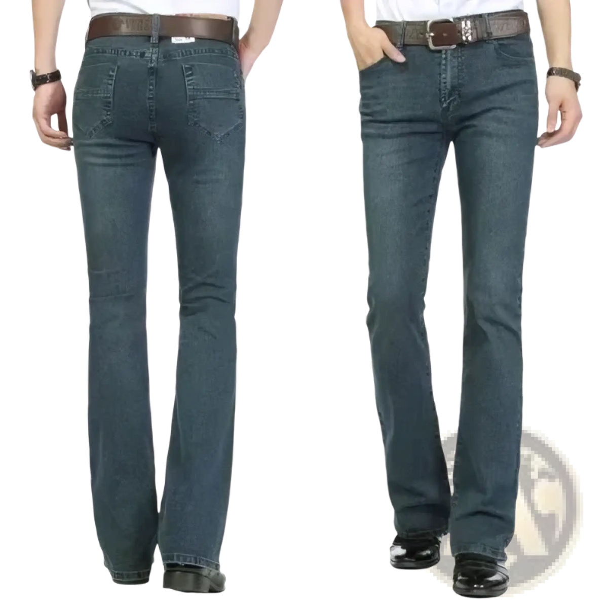 Men black flare denim jeans slim fit trousers in dark blue denim with a straight-leg cut and brown leather belt