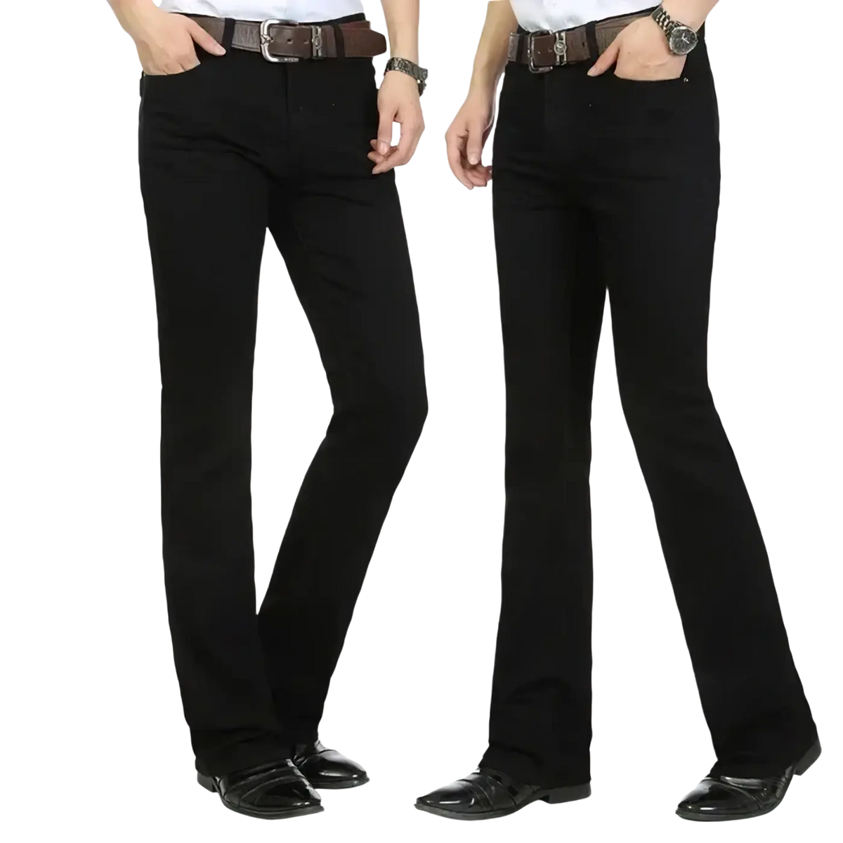 Men black flare denim jeans slim fit trousers in classic denim with subtle stitching and straight-leg design