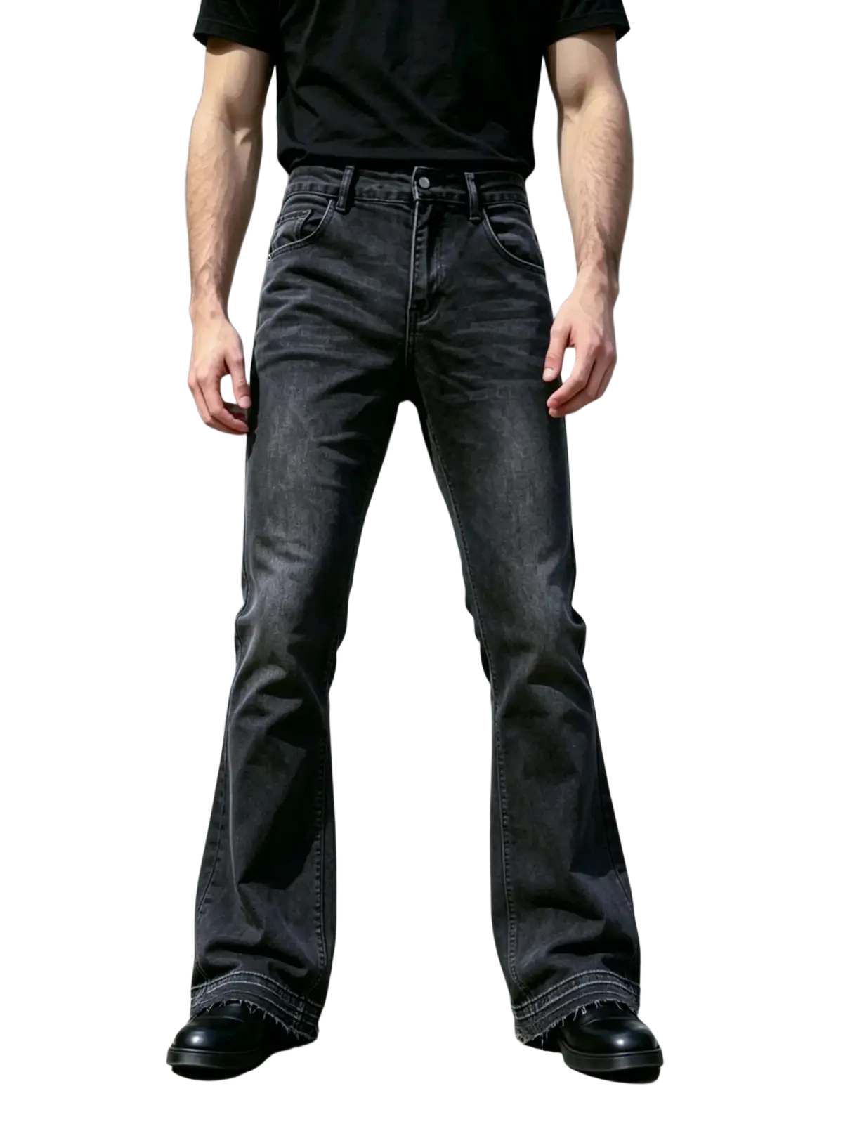 Men black flared distressed jeans in dark gray denim with a worn texture and frayed hems