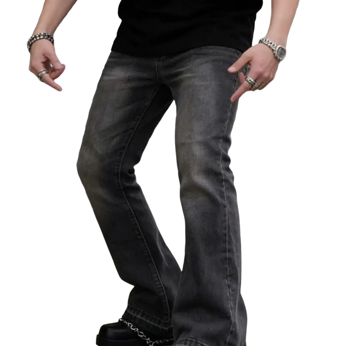 Men black flared distressed jeans in dark gray denim with a slightly worn look and visible stitching along seams