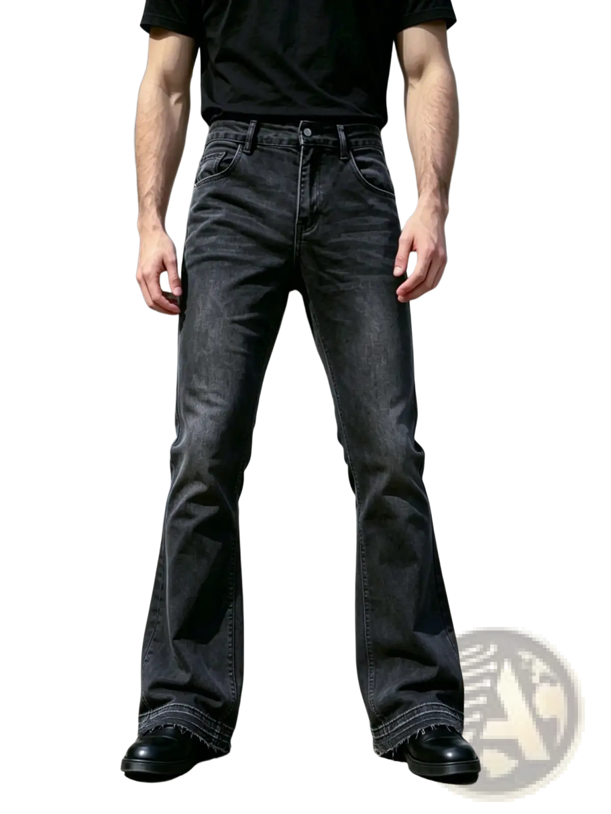 Men black flared distressed jeans in dark gray denim with a worn texture and frayed hems