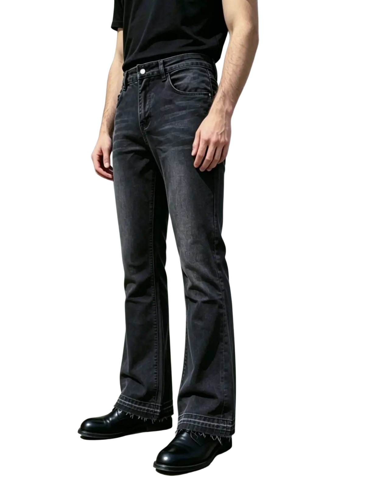 Men black flared distressed denim jeans with dark wash straight-leg cut and frayed hems