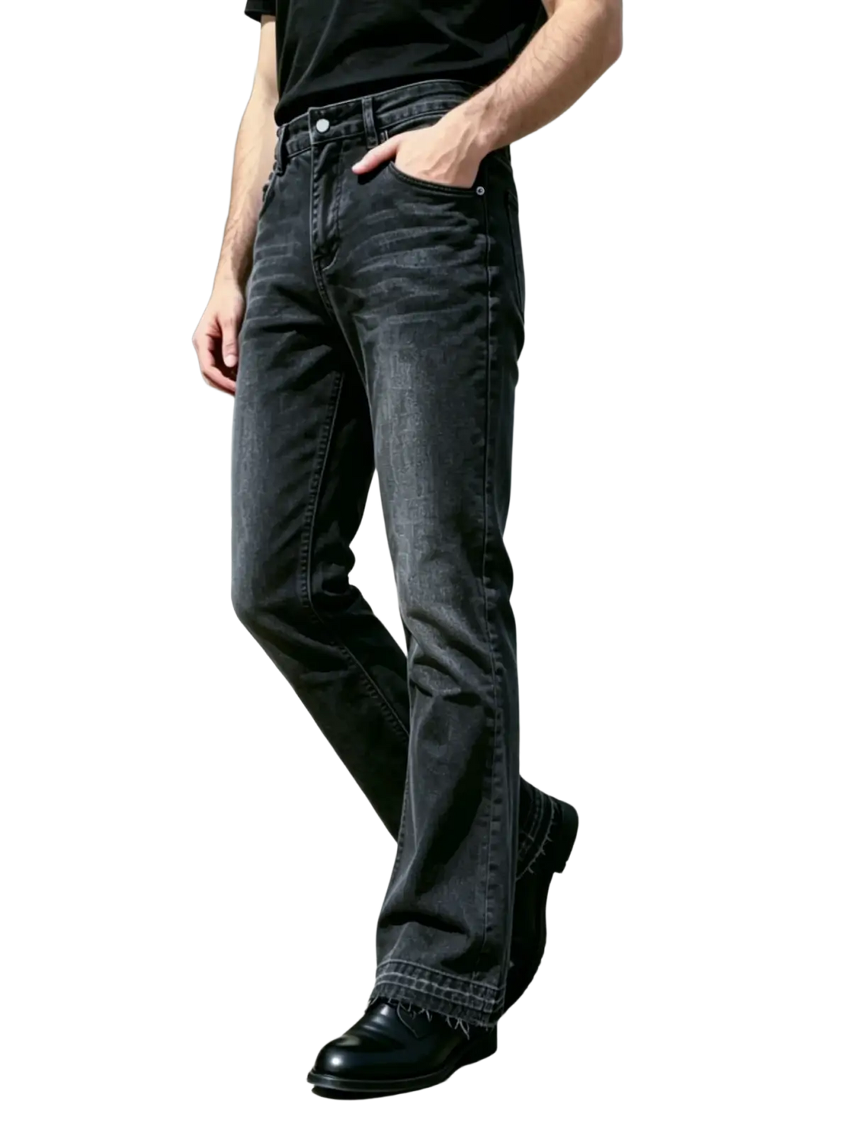 Men black flared distressed jeans in dark-wash denim with a straight-leg cut and frayed hem visible from the front