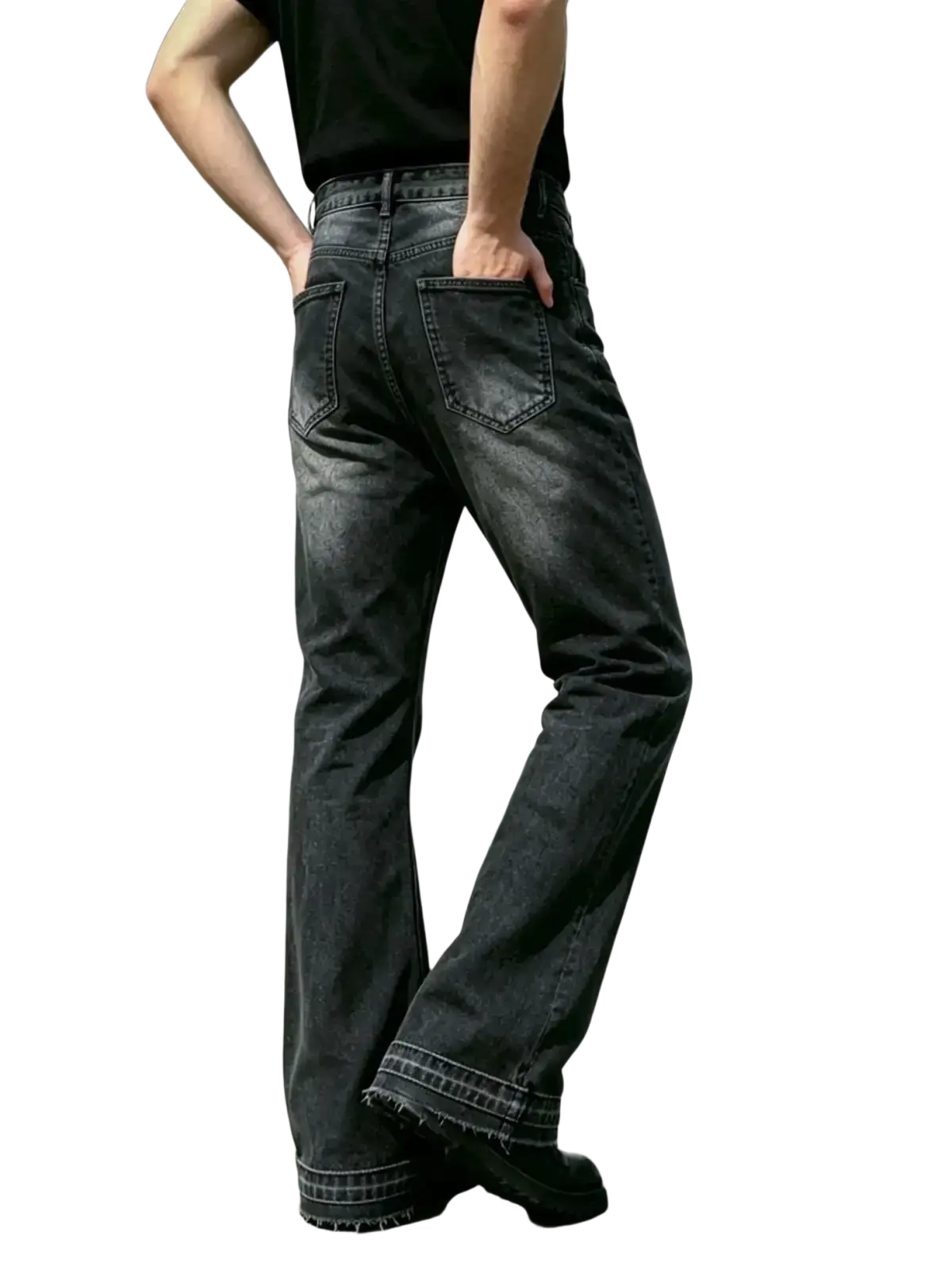 Men black flared distressed denim jeans with a dark wash and frayed hem for casual wear