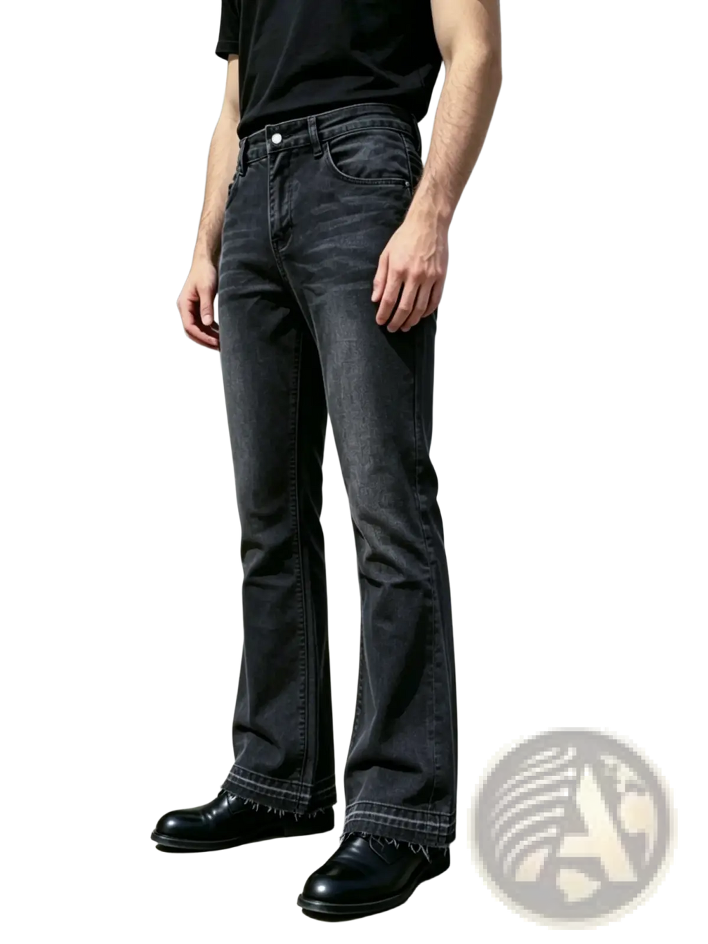 Men black flared distressed jeans made of dark-wash denim featuring a flared leg cut and frayed hems