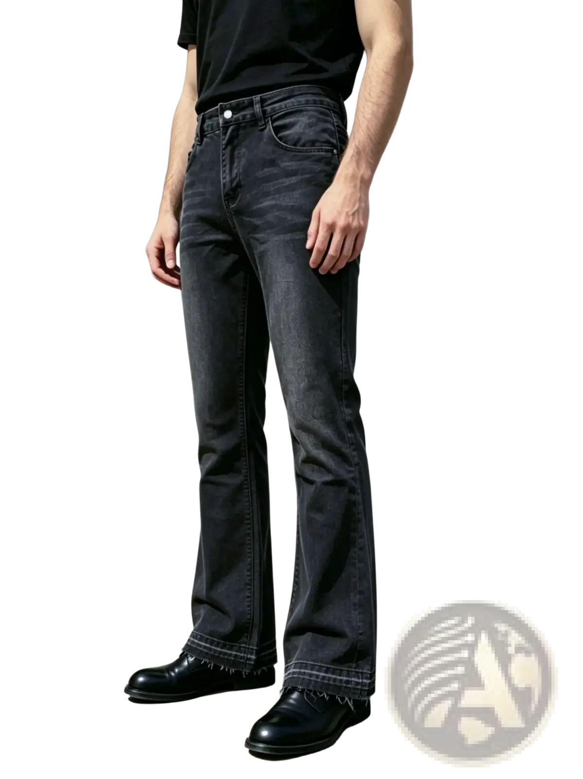 Men black flared distressed jeans made of dark-wash denim featuring a flared leg cut and frayed hems
