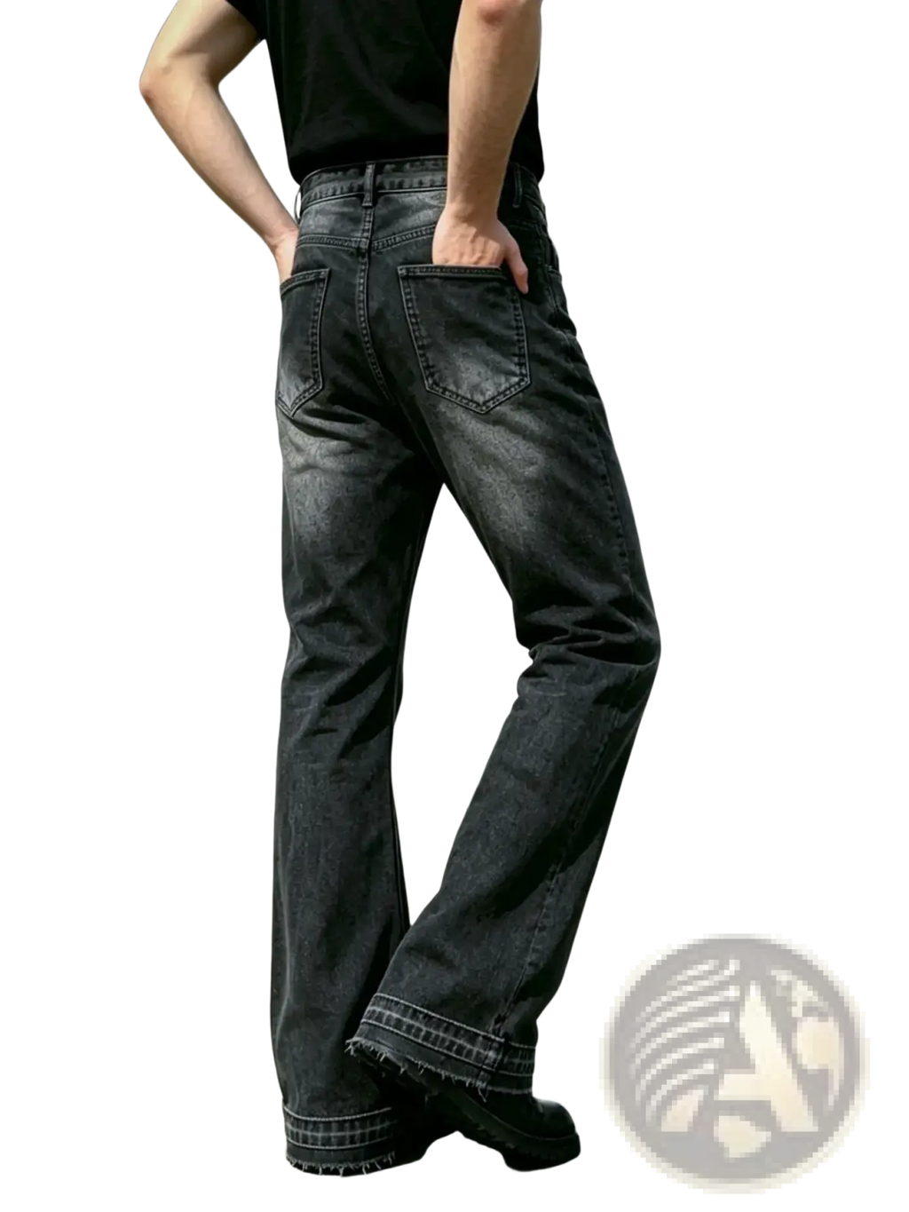 Men black flared distressed jeans in dark-wash denim with a frayed hem displayed from the back side