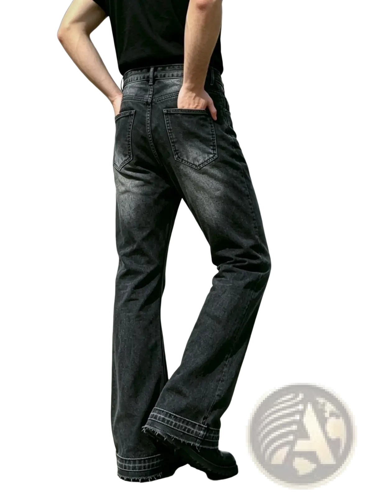 Men black flared distressed jeans in dark-wash denim with a frayed hem displayed from the back side