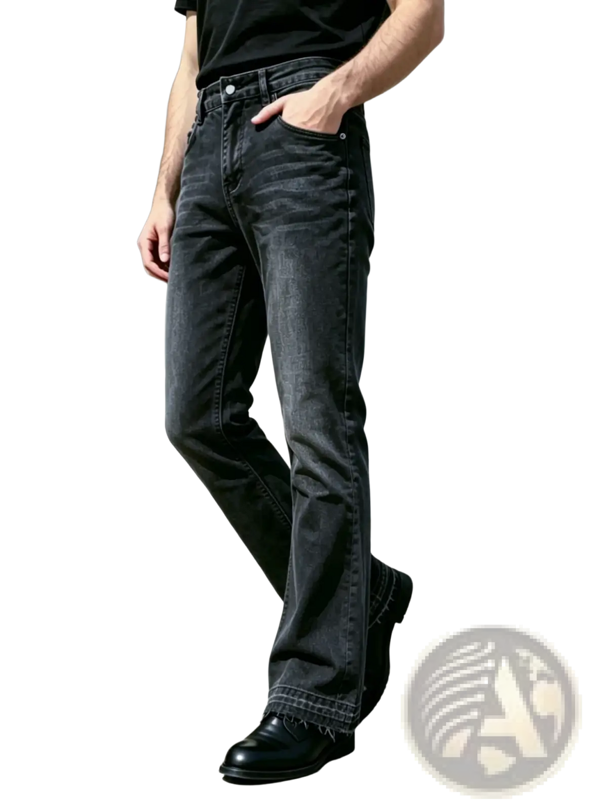Men black flared distressed jeans in dark-wash denim with a straight-leg cut and frayed hem visible from the front