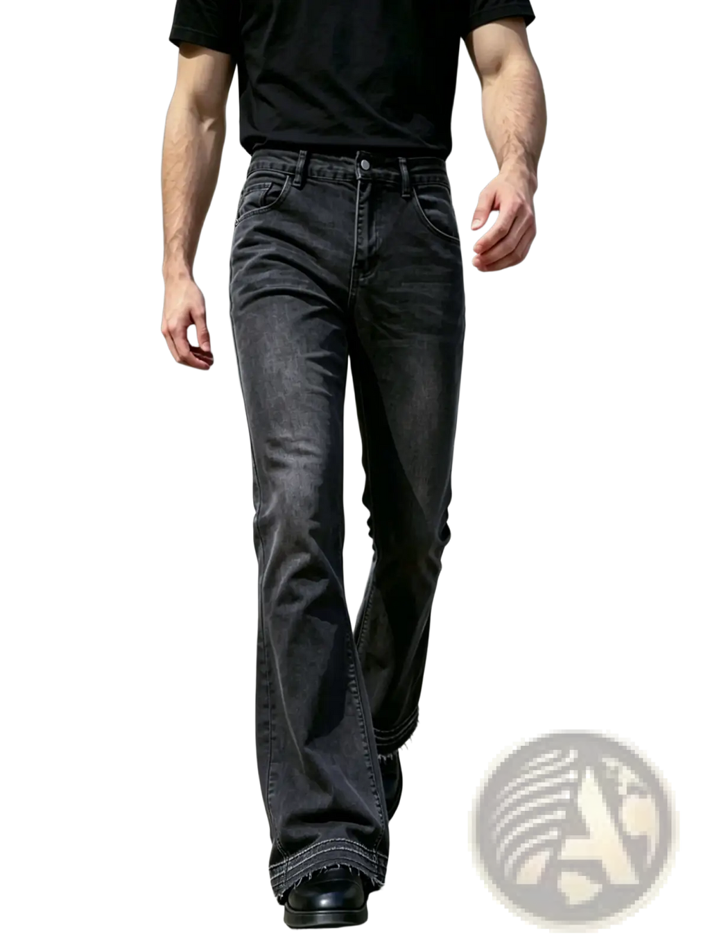 Men black flared denim jeans with distressed faded wash and frayed hems made from durable cotton material