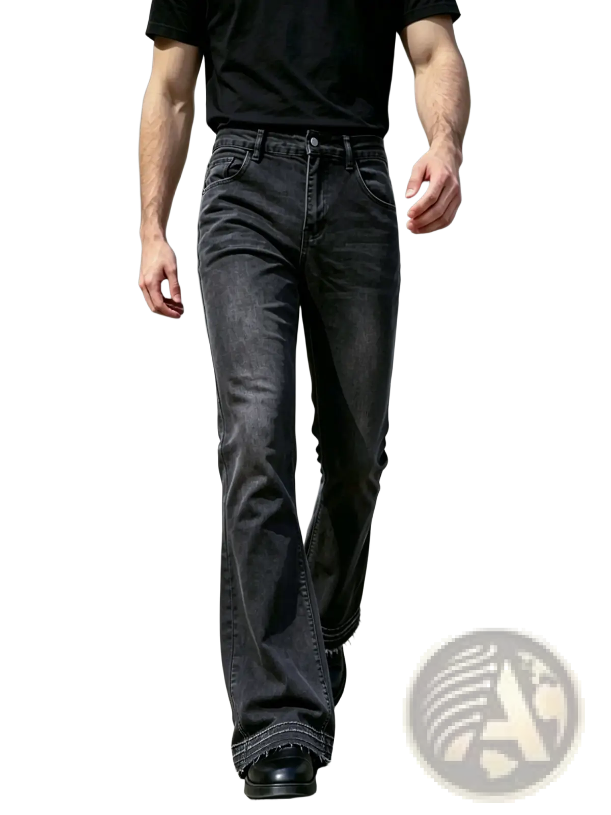 Men black flared denim jeans with distressed faded wash and frayed hems made from durable cotton material