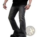Men black flared distressed jeans in dark gray denim with a slightly worn look and visible stitching along seams