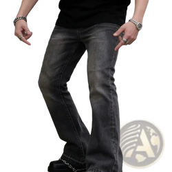Men black flared distressed jeans in dark gray denim with a slightly worn look and visible stitching along seams