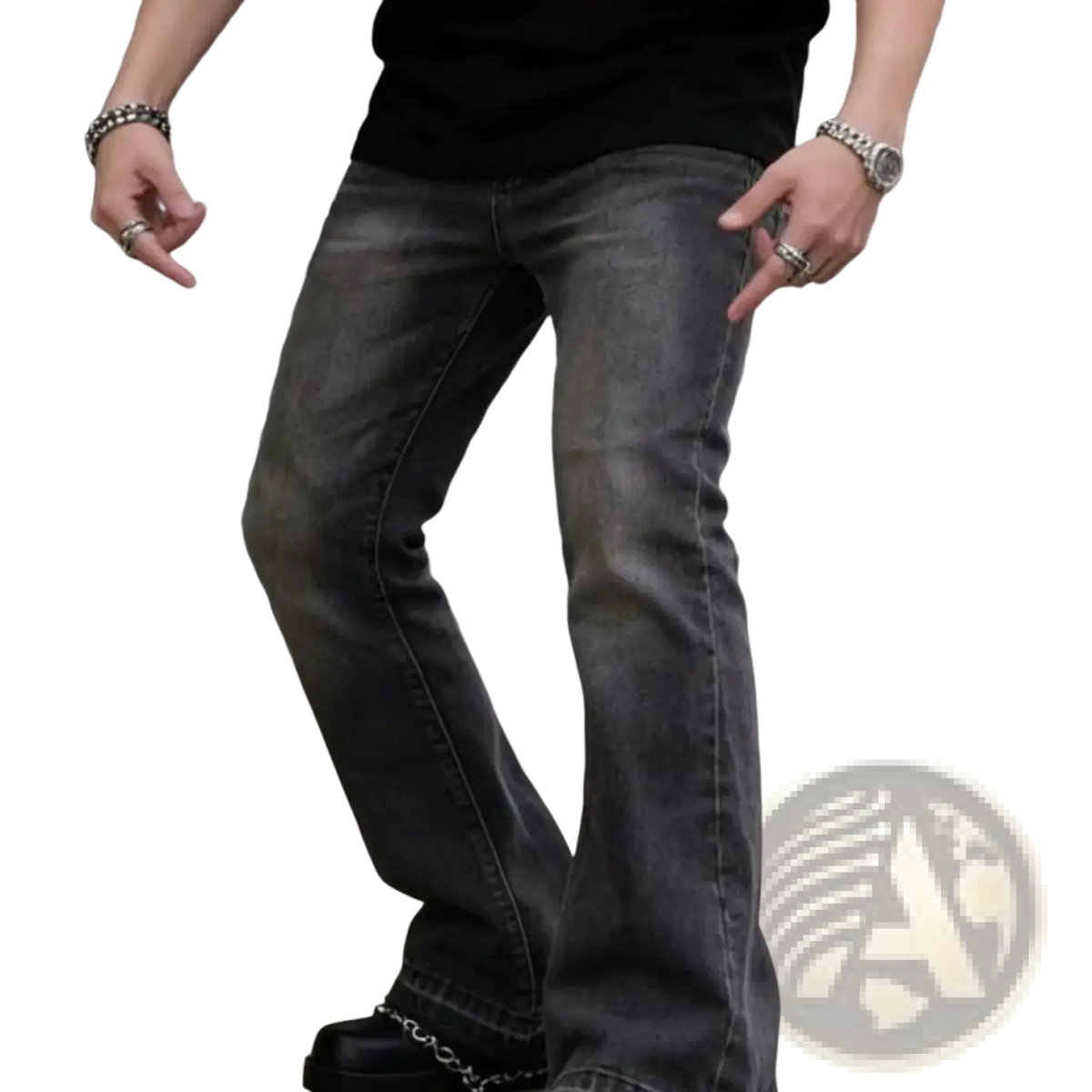 Men black flared distressed jeans in dark gray denim with a slightly worn look and visible stitching along seams