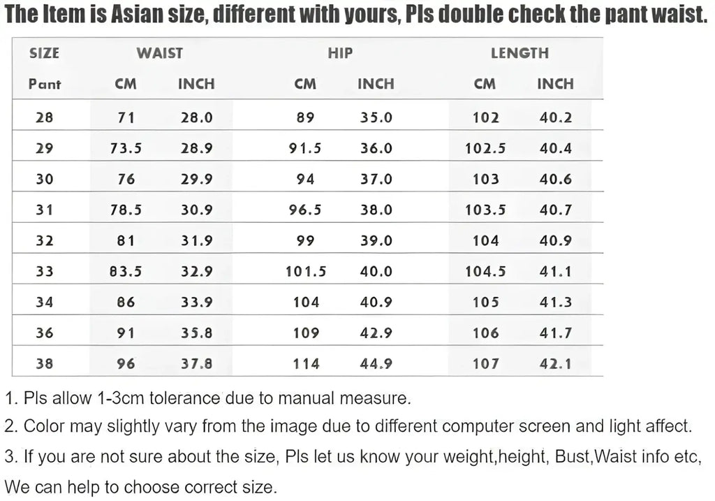 Size chart for men black floral slim fit jeans asian-fit pants with measurements in centimeters and inches from size 28 to 38
