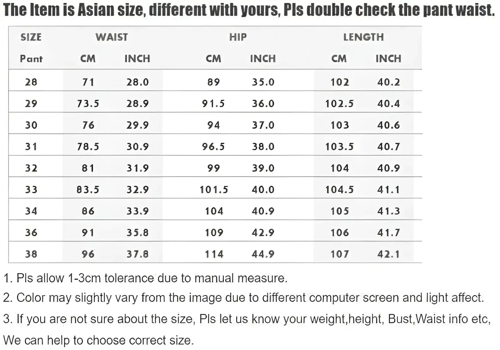 Size chart for men black floral slim fit jeans asian-fit pants with measurements in centimeters and inches from size 28 to 38
