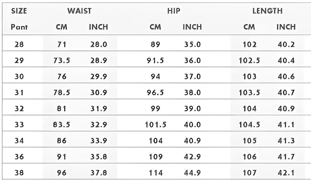 Size chart for men black floral slim fit jeans showing measurements in centimeters and inches for sizes 28 to 38