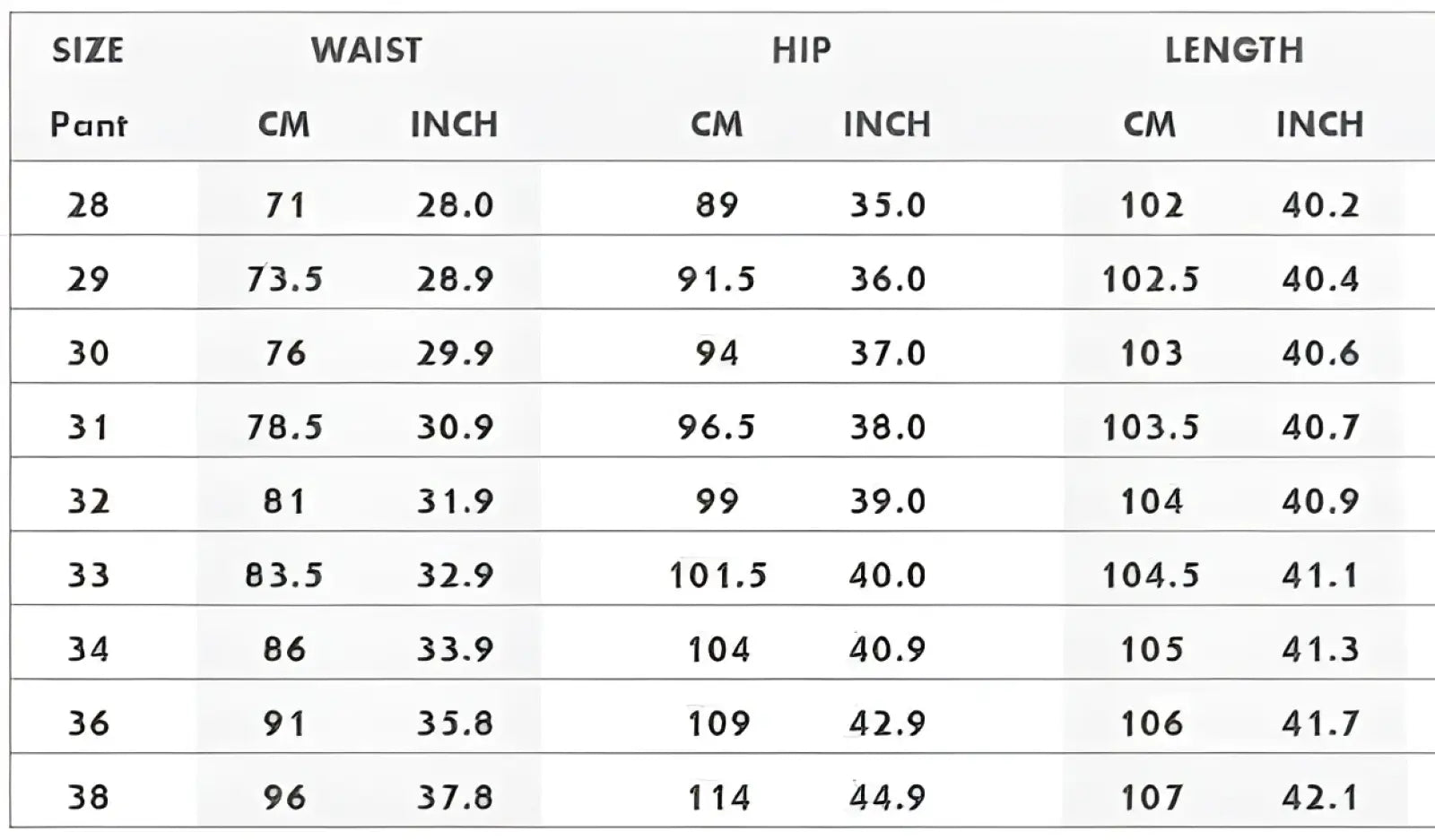 Size chart for men black floral slim fit jeans showing measurements in centimeters and inches for sizes 28 to 38
