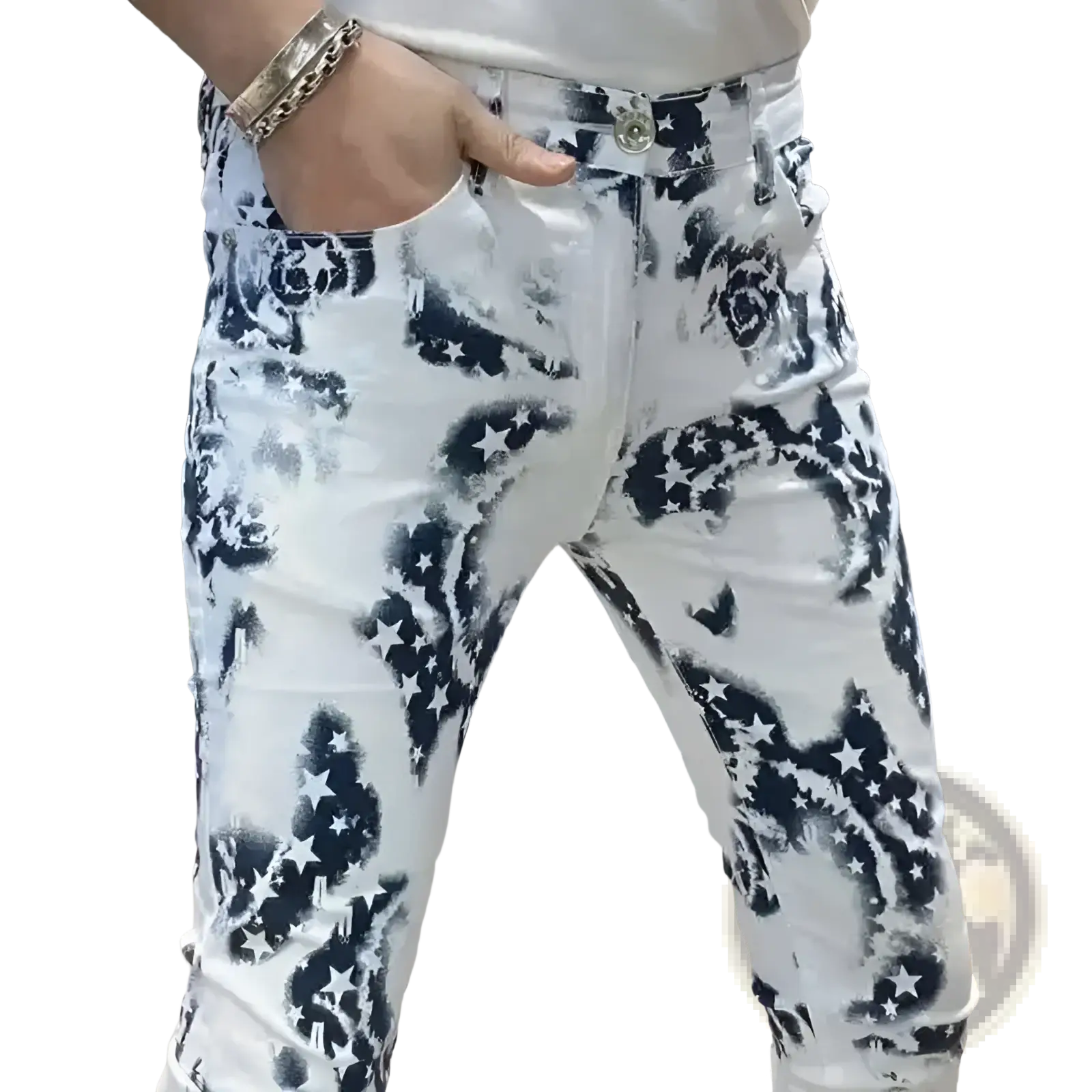 Men black floral slim fit jeans in white denim with bold black star and floral spray-paint pattern on front side