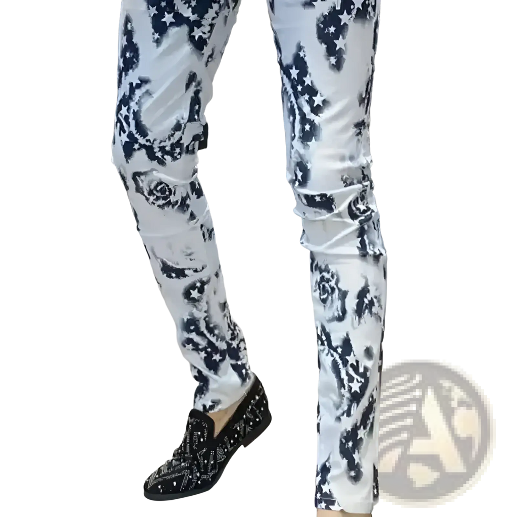 Men black floral slim fit white jeans with bold black floral star pattern and distressed ripped detailing on legs