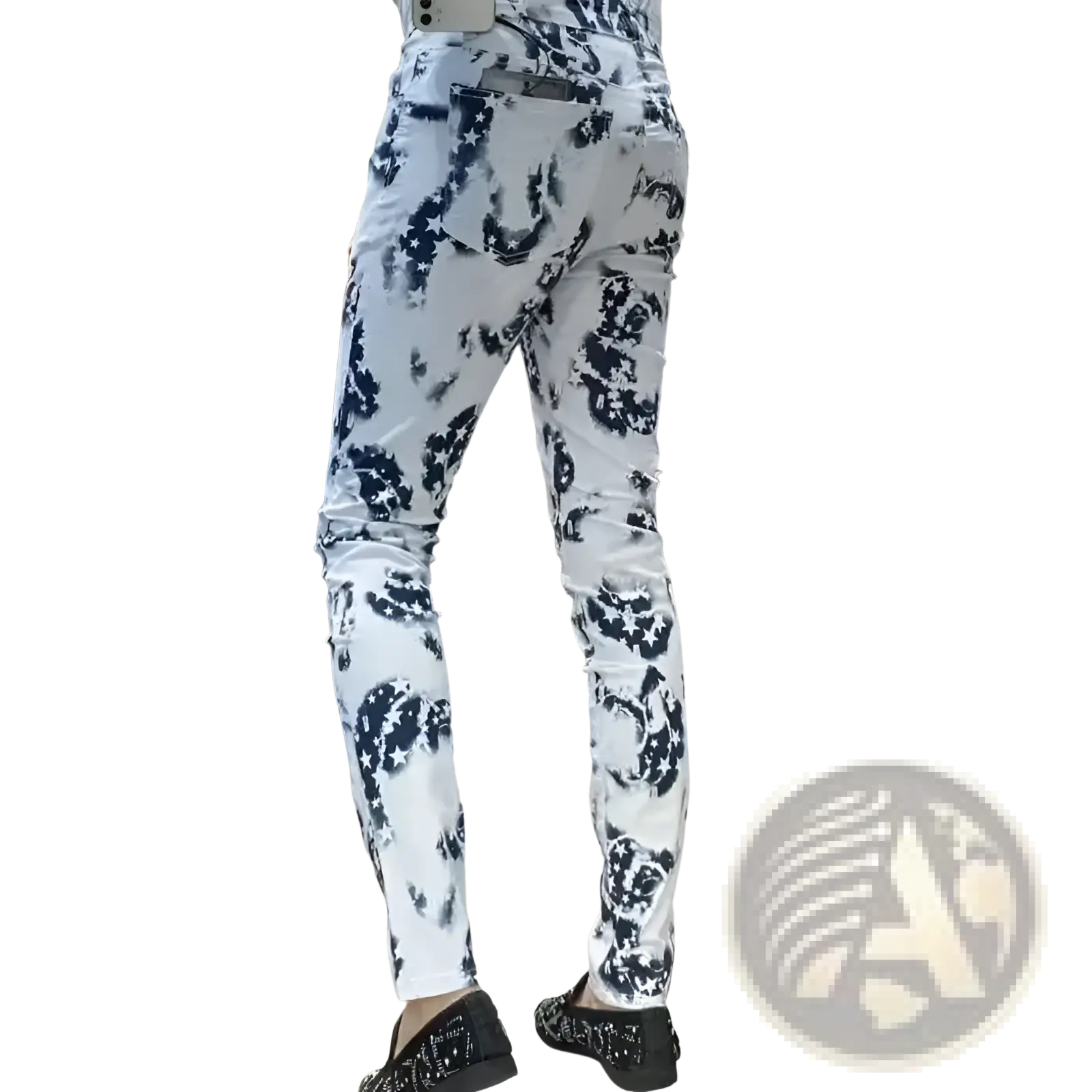 Men black floral slim fit white jeans with bold black floral pattern and subtle distressing details