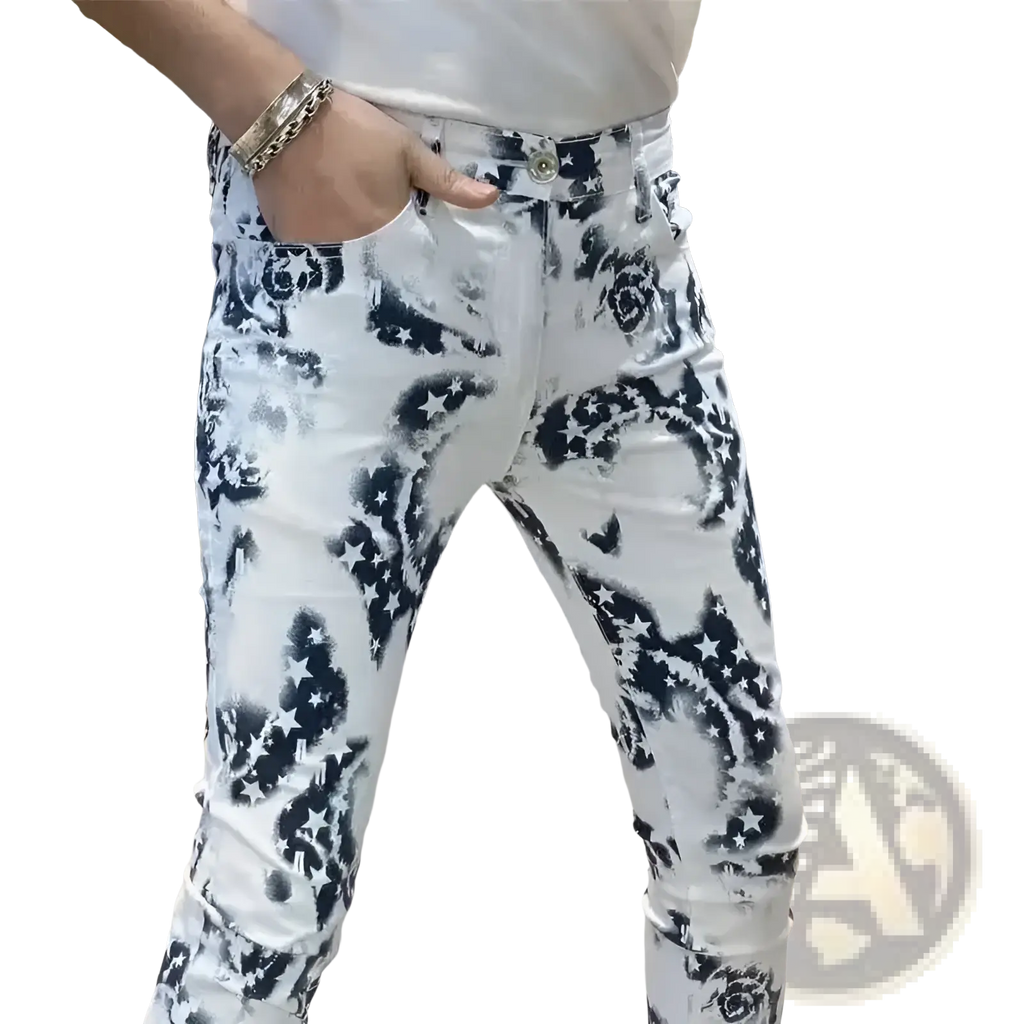 Men black floral slim fit white denim jeans with bold black abstract floral and star pattern front view