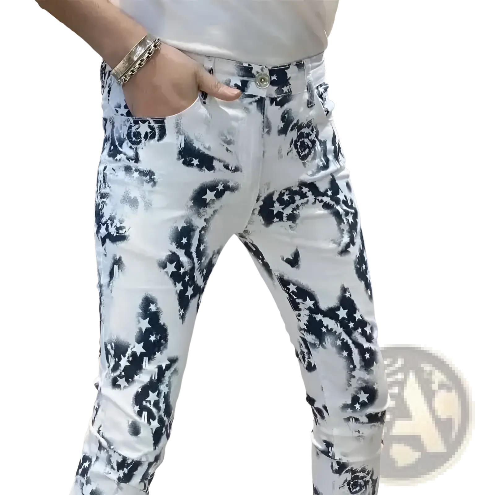 Men black floral slim fit white denim jeans with bold black abstract floral and star pattern front view