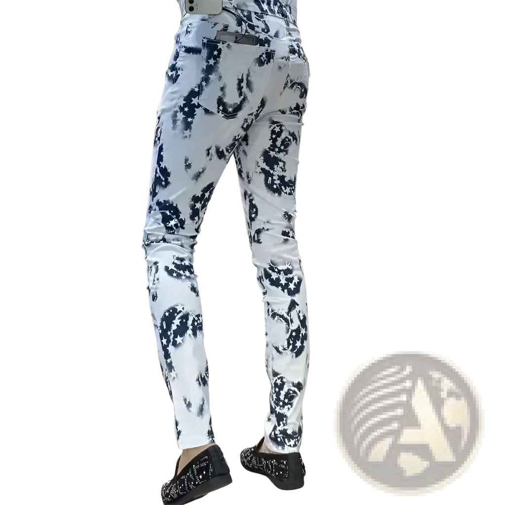 White denim slim fit jeans with bold black floral pattern and distressed details for men black floral slim fit jeans