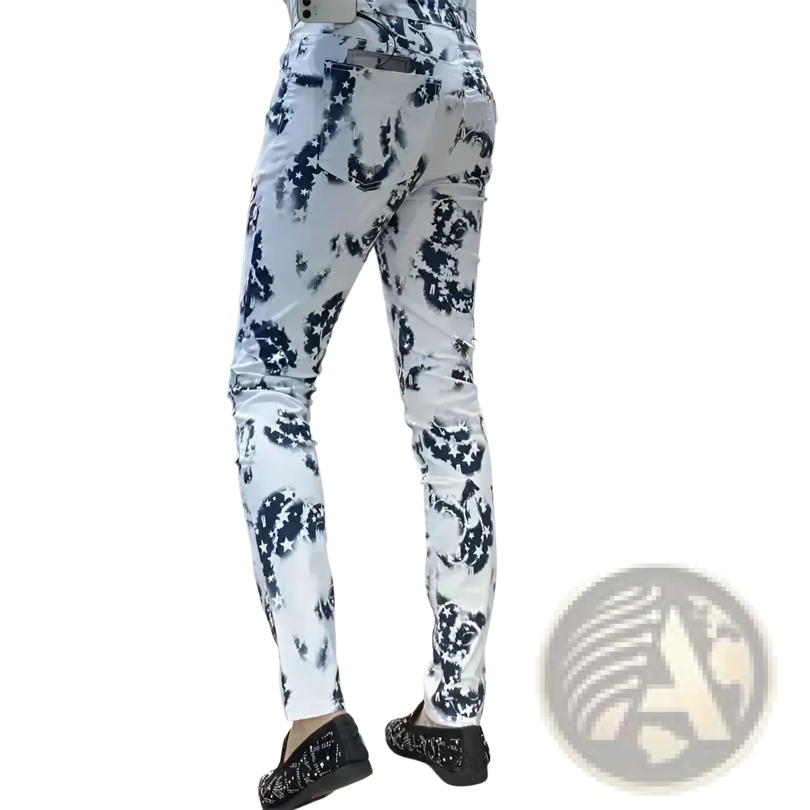 White denim slim fit jeans with bold black floral pattern and distressed details for men black floral slim fit jeans