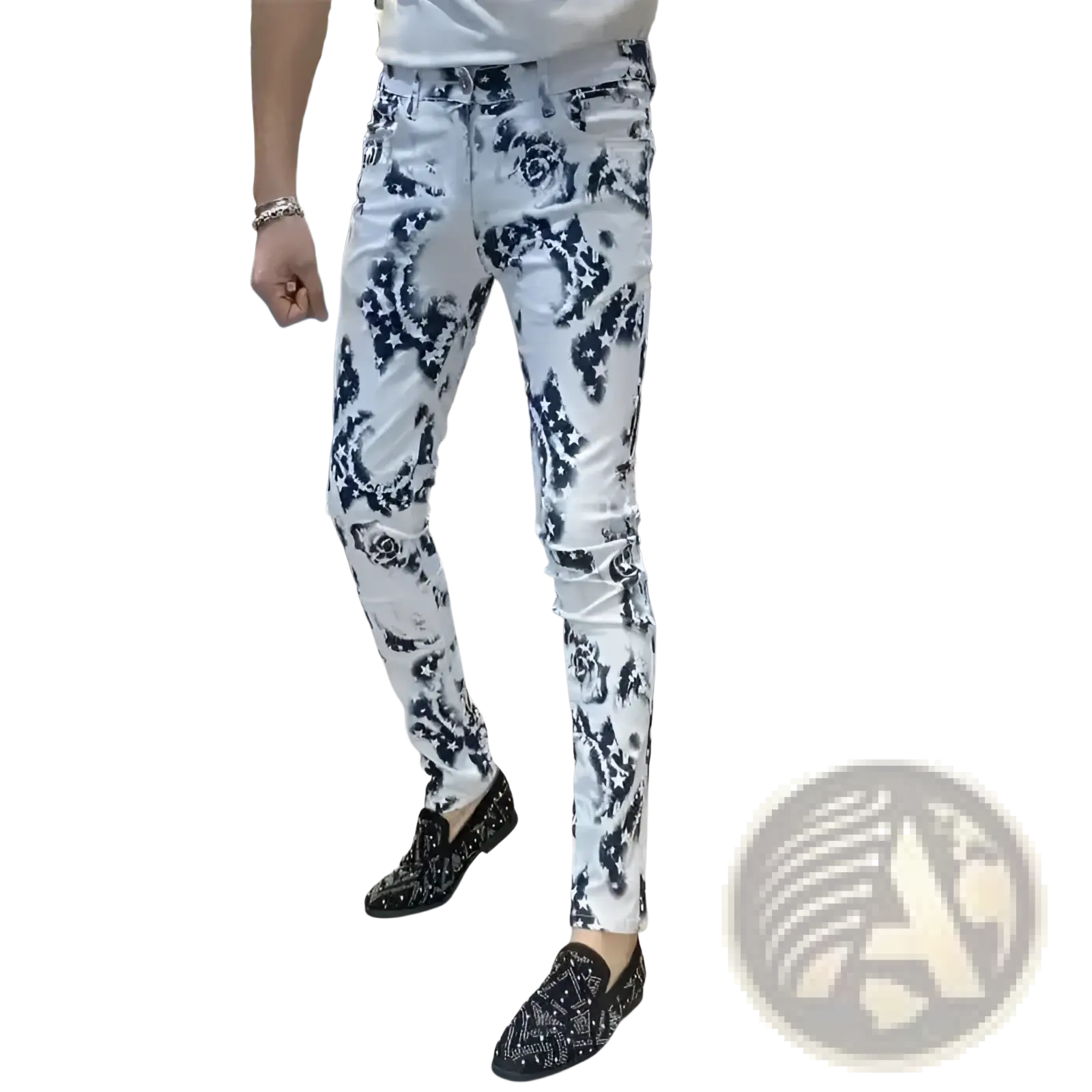 Men black floral slim fit jeans in white denim with bold black floral pattern paired with embellished loafers