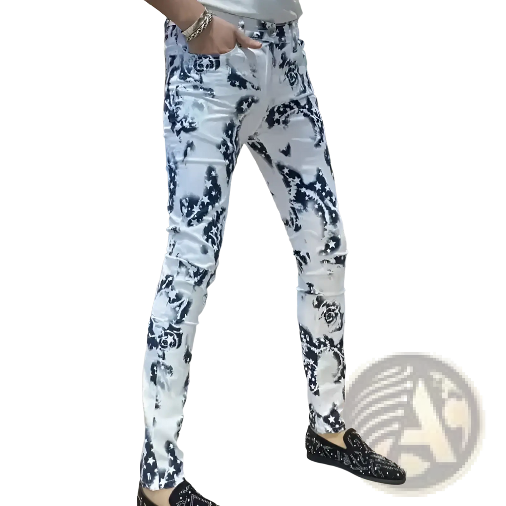 Men black floral slim fit white denim jeans with bold black floral baroque pattern and subtle distressing on thighs