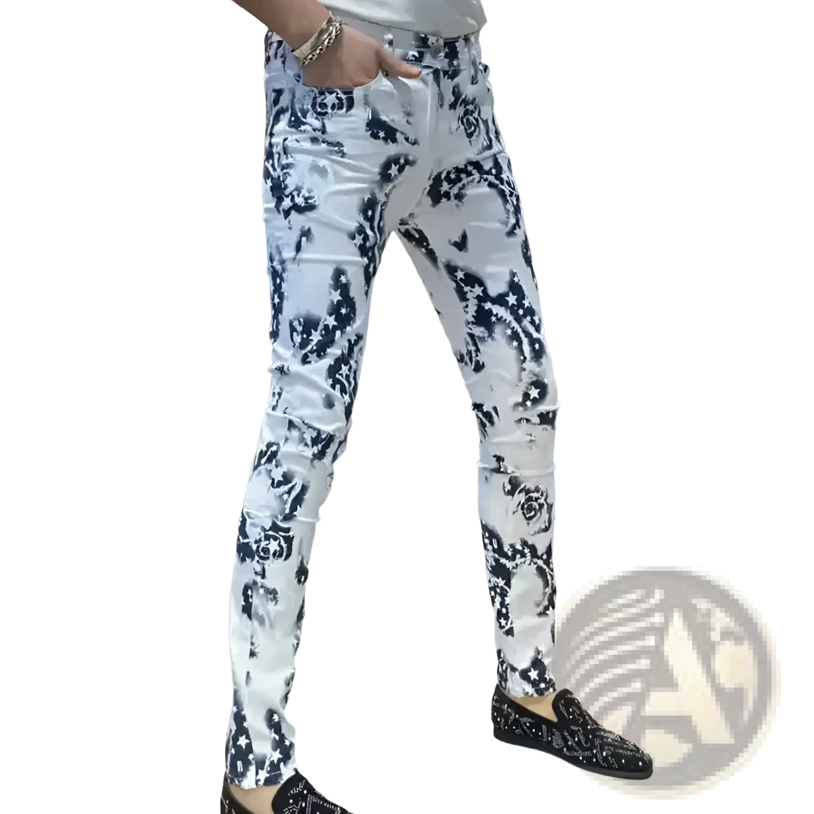 Men black floral slim fit white denim jeans with bold black floral baroque pattern and subtle distressing on thighs