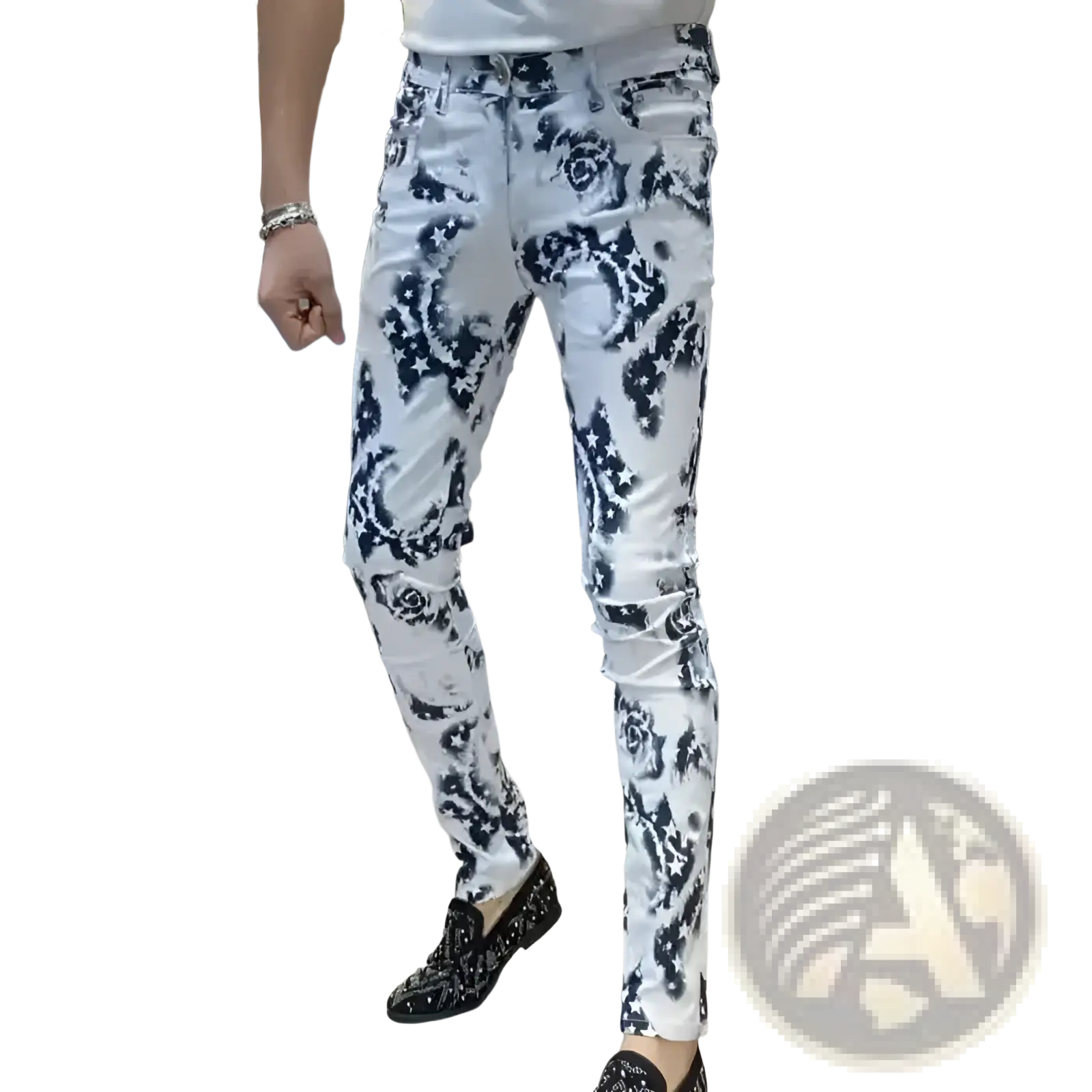 Men black floral slim fit jeans in white denim featuring a bold black floral pattern on the front side