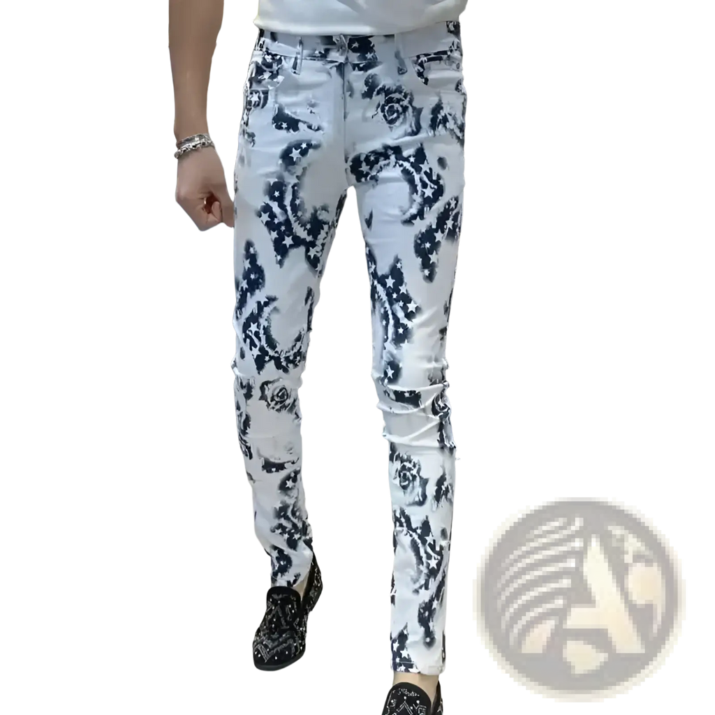 Men black floral slim fit jeans in white denim featuring bold black floral and baroque inspired pattern