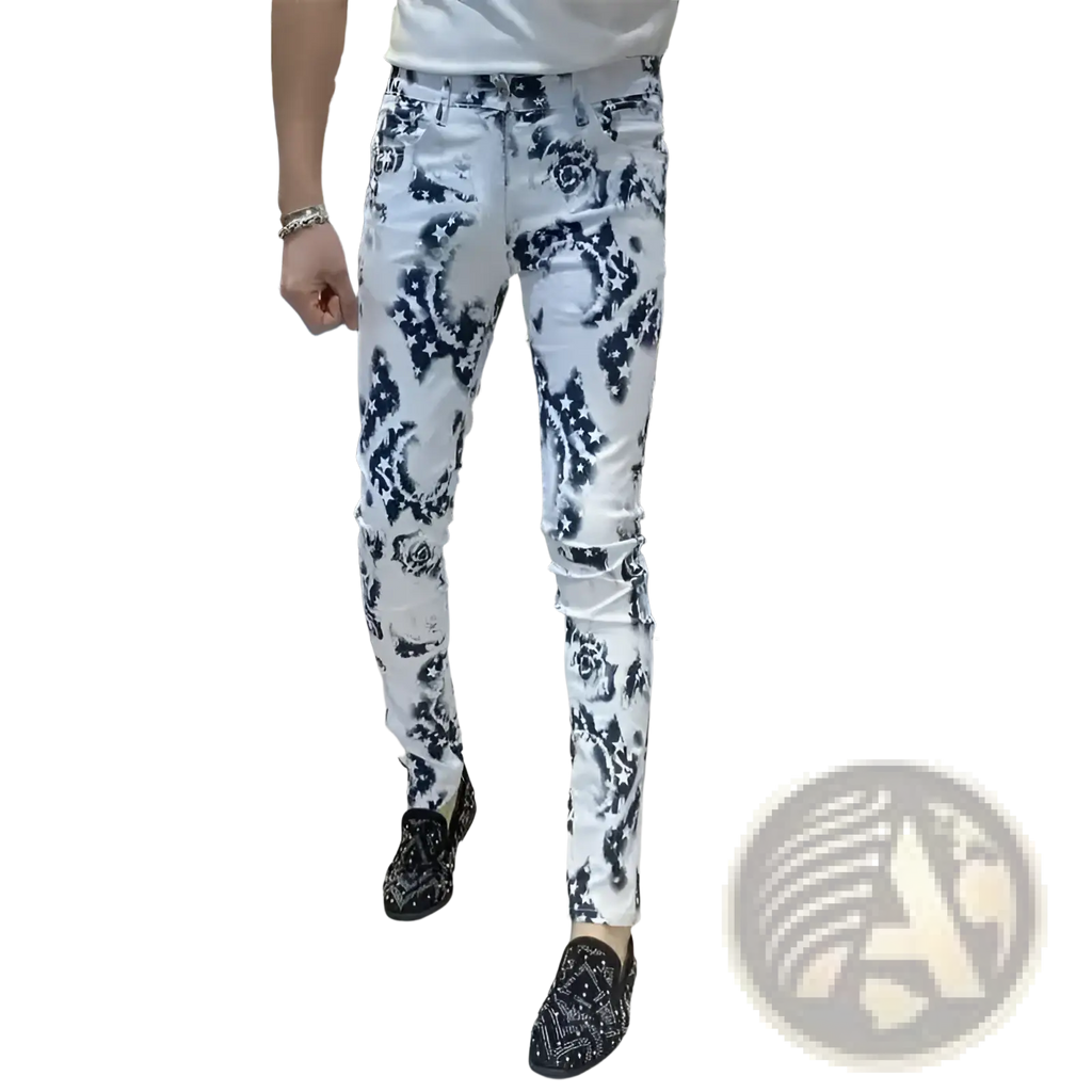 Men black floral slim fit white denim jeans with bold black floral pattern and distressed details on front side