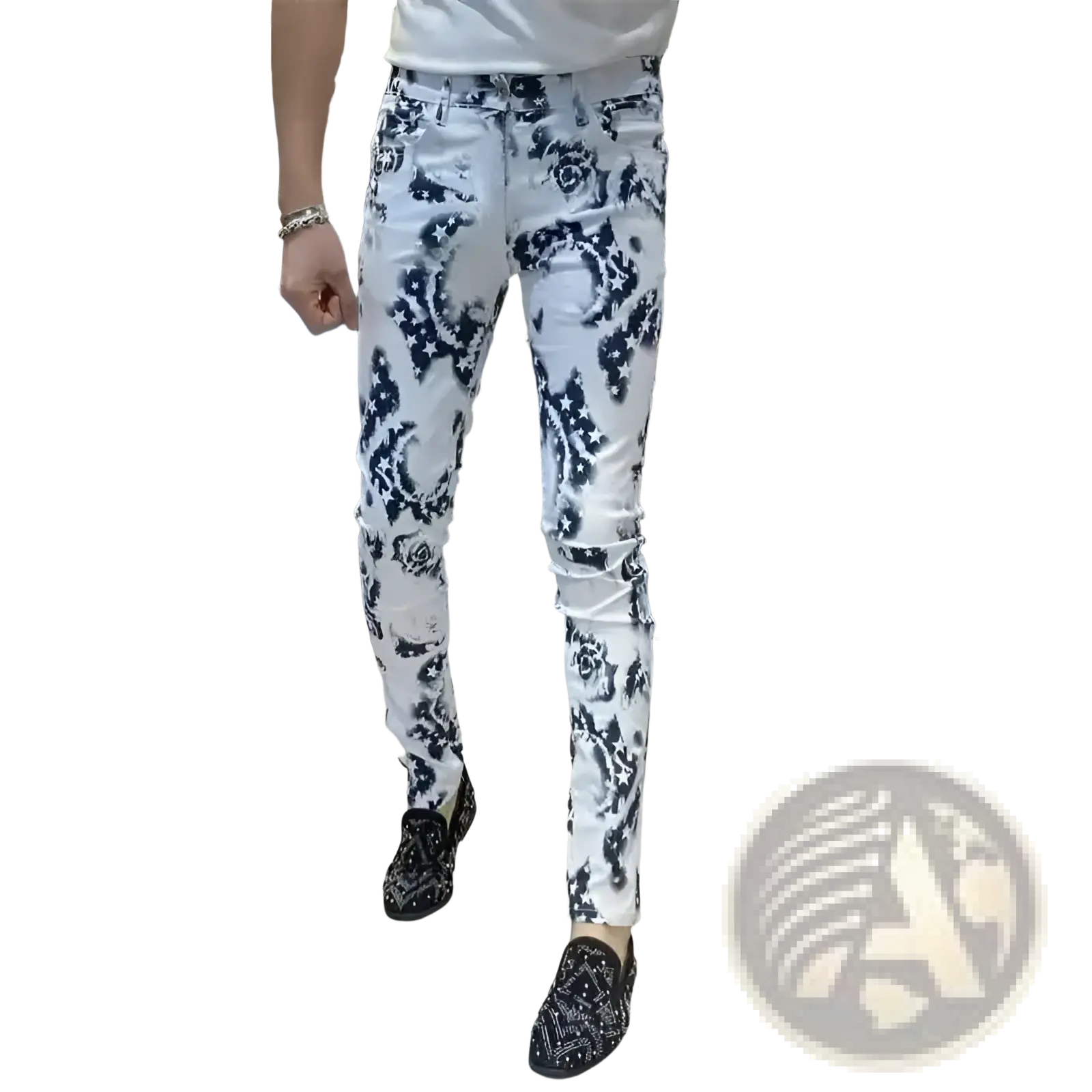 Men black floral slim fit white denim jeans with bold black floral pattern and distressed details on front side