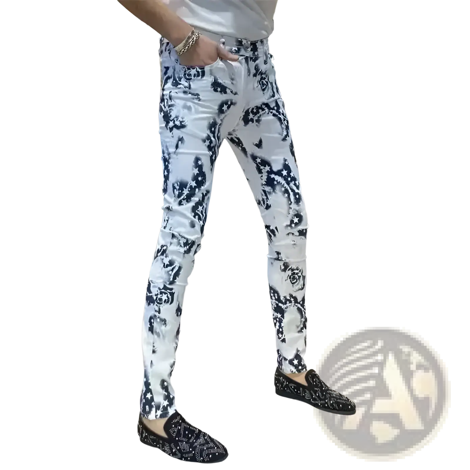 Men black floral slim fit jeans in white skinny style with black floral and skull pattern and distressed details