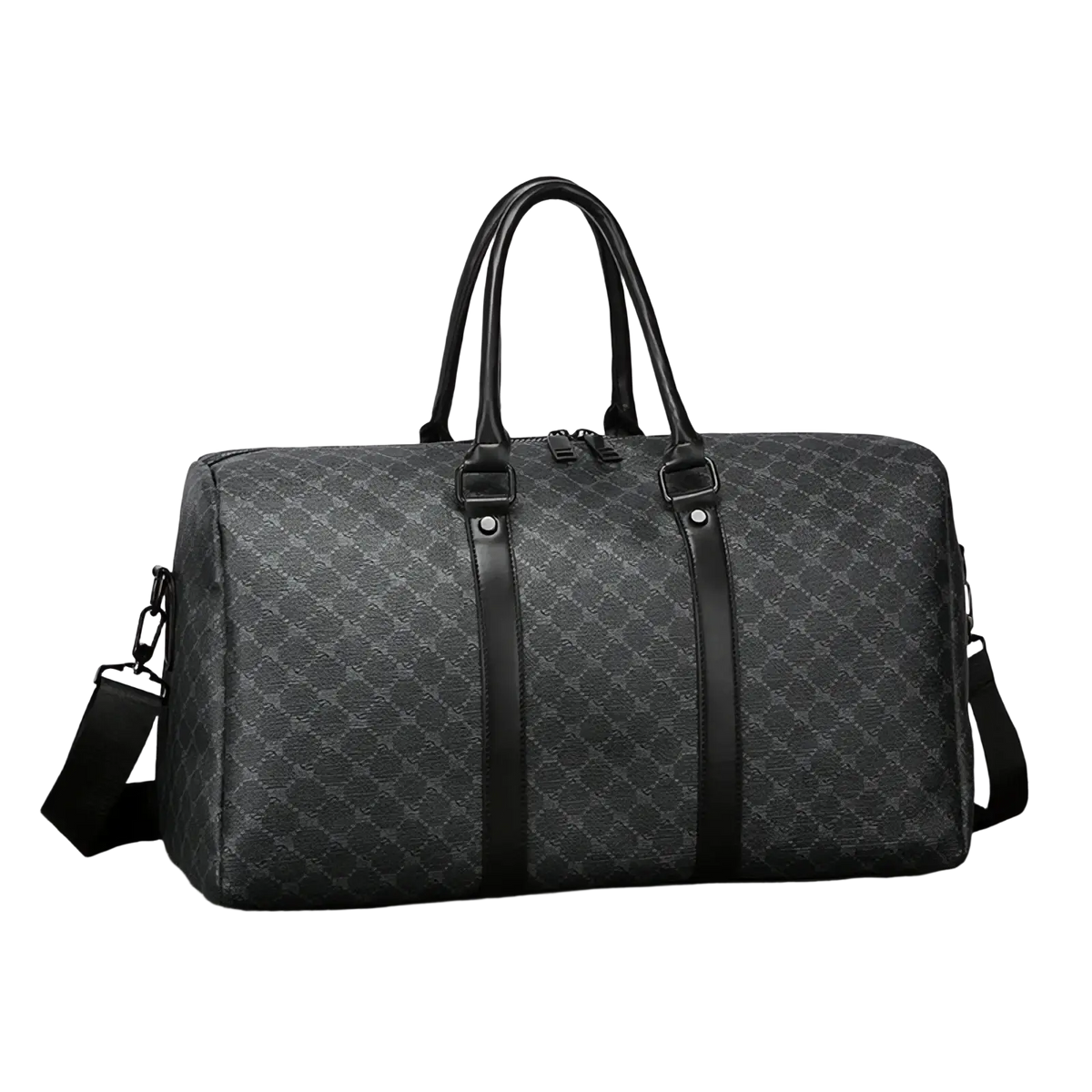 Men black gg patterned travel duffel bag with subtle gray diamond pattern black leather handles and straps